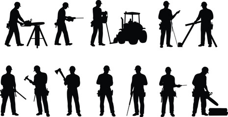 Silhouettes of construction workers using tools, machinery, hard hats, vector illustration for labor, safety, engineering, industrial, repair, design