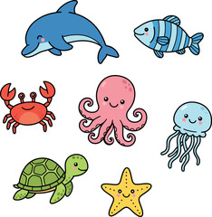 Cute Cartoon Ocean Animals Dolphin Fish Crab Octopus Turtle Starfish Jellyfish Keywords: dolphin, fish, crab, octopus, turtle, starfish, jellyfish, ocean, sea, marine life, animal, cartoon, cute