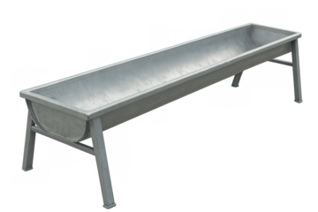 Galvanized steel livestock trough feeder on transparent background