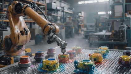 Robotic arm painting colorful ceramic teapots in a factory