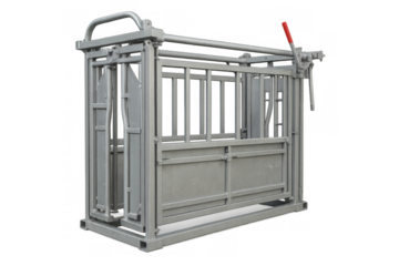 Metal cattle chute for livestock handling, transparent background