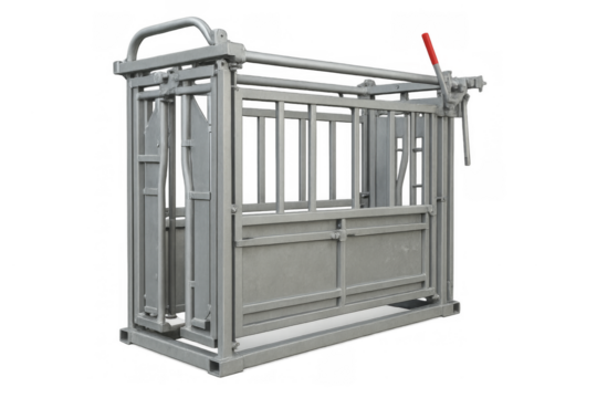 Metal cattle chute for livestock handling, transparent background