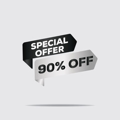 "3D rendered special offer billboard, 90% off discount, bold black text on dark background, minimalist geometric design with floating white neon glow, sleek modern aesthetic"
