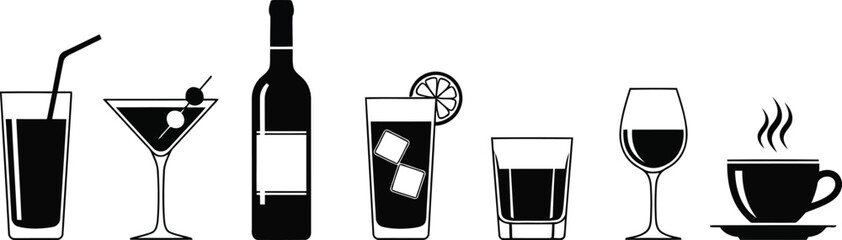 Assortment of Beverage Icons Including Cocktails, Wine, Coffee, and Bottle drink martini