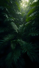 A dense cluster of dark green tropical leaves, layered densely to create a sense of depth. The leaves are varying shades of dark green, with a glossy and matte contrast. The sunlight peeks through the