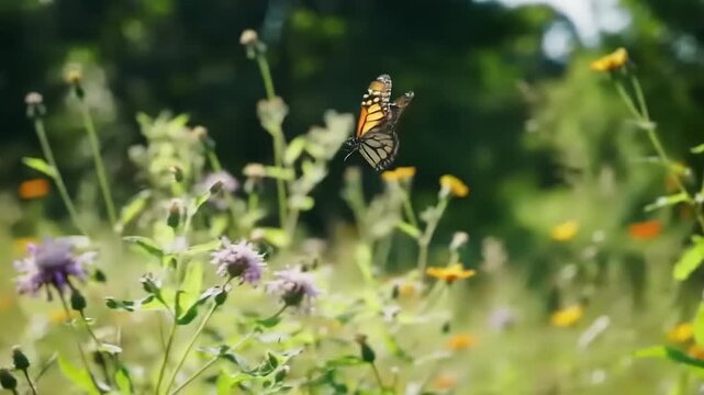Majestic Monarch Butterfly Flying Gracefully in Slow Motion Through a Vibrant Summer Wildflower Meadow on a Sunny Day