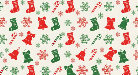 Festive christmas seamless pattern with stockings candy canes bells and snowflakes for holiday design