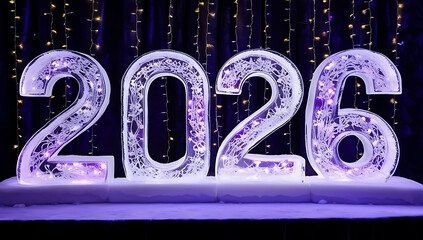 Illuminated ice sculpture of the year two thousand and twenty six against a string light backdrop
