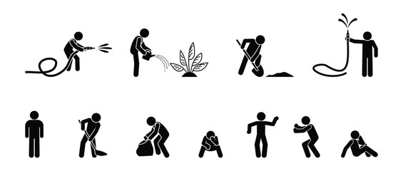 Gardener watering plants with water from a hose, stick figure people icons, human stickman isolated characters