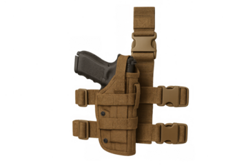 Tactical pistol in leg holster with transparent background