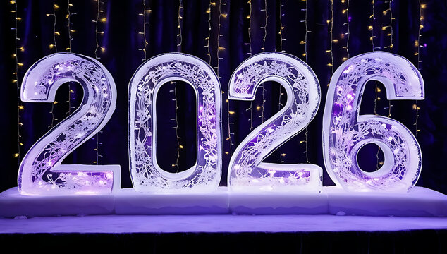 Illuminated ice sculpture of the year two thousand and twenty six against a string light backdrop - Powered by Adobe