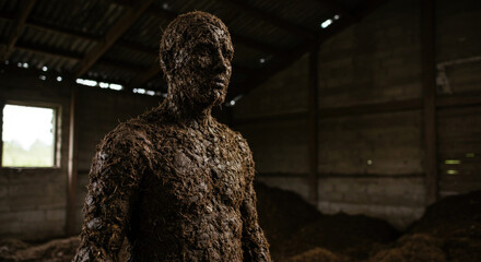Naklejka premium Mud-covered adult male standing in rustic barn with earthy texture and dim lighting