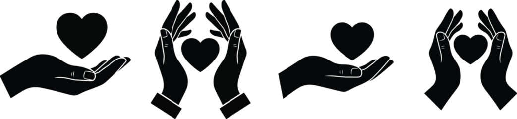 Hands Holding Heart Icons In Different Gestures vector illustration