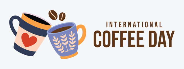 Stylized illustration depicts two coffee mugs clinking with floating beans to celebrate International Coffee Day.