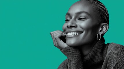 Smiling african female with braided hair and earrings against teal background