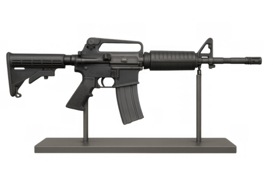 Black assault rifle weapon on display with transparent background