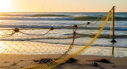 A yellow fishing net rests on a sandy beach as the golden sun sets over the tranquil ocean waves, creating a peaceful coastal scene