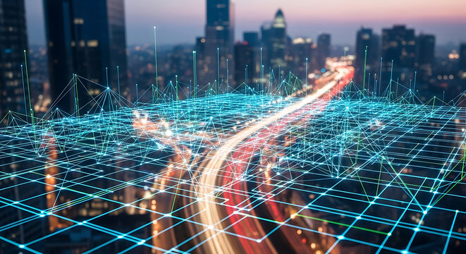 Digital Network Overlay on Cityscape Highway at Night technology data - Powered by Adobe