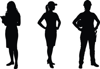 Silhouettes of professional women in construction, logistics, administration roles, black vector illustration for career, industry, diversity, empowerment, design
