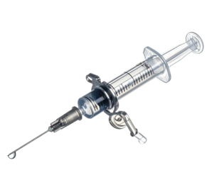 Clear medical syringe angled, drop at tip