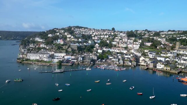 Salcombe, South Devon, England: DRONE VIEWS: The drone flies along Salcombe Harbour showing riverside properties. Salcombe is a popular UK holiday destination renowned for its expensive properties.