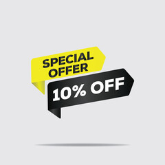 "3D rendered special offer banner, 10% off discount, yellow and black geometric design, modern minimalist typography, flat clean aesthetic for product promotion"