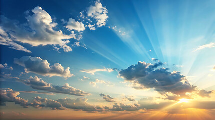 Beautiful sky with sun rays shining through the clouds at sunset time