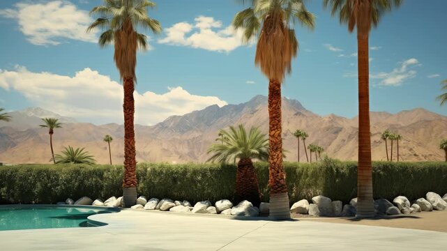 Side view of a vintage orange car parked by a pool, framed by palm trees and mountains. Captured in a cinematic video style under a clear sky. Live desktop wallpaper.