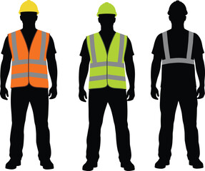 Silhouettes of workers in safety vests, hard hats, reflective gear, vector illustration for construction, PPE, labor, visibility, industry, design