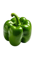 Close-up of a vibrant green bell pepper.  A single, whole pepper, glossy and plump, is presented against a black background.  The stem is visible