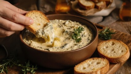 Creamy Mushroom Dip with Toasted Baguette Slices.