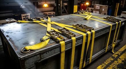 Cargo Secured Yellow Straps on a Metal Platform