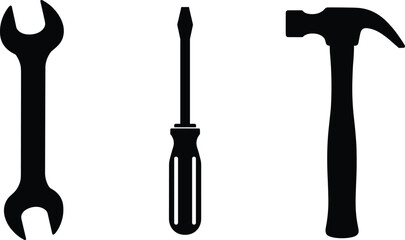 Silhouettes of wrench, screwdriver, hammer, black tool icons, vector illustration for construction, repair, mechanic, hardware, DIY, industrial, design