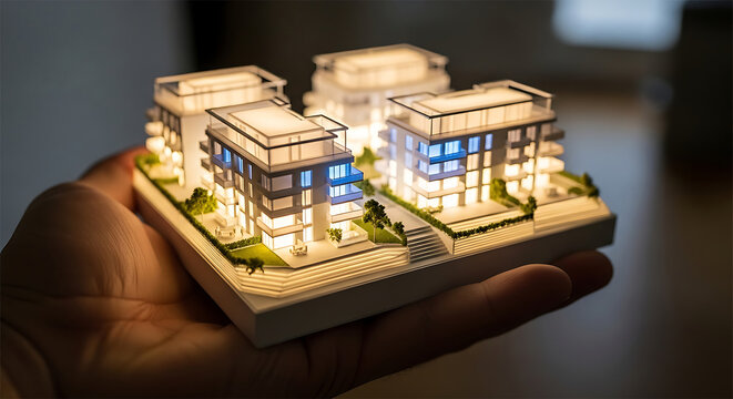 Hand Holding Miniature Modern Apartment Building Model photo stock