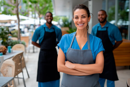 Diverse restaurant staff smiling, providing excellent service