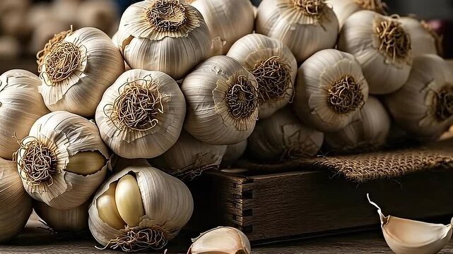 Close Up of Garlic Bulbs Tied Together on a Burlap and Wooden Surface in Warm Light Detailed Textures and Rustic Feel