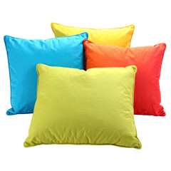 Four colorful square throw pillows in vibrant shades of blue, yellow, orange, and green