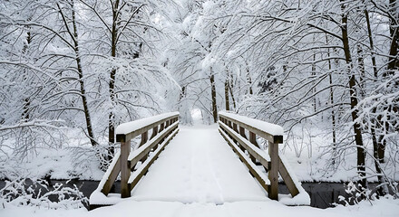 A snow covered wooden bridge leading into a forest on a cold winter day with snow covered trees ai generated