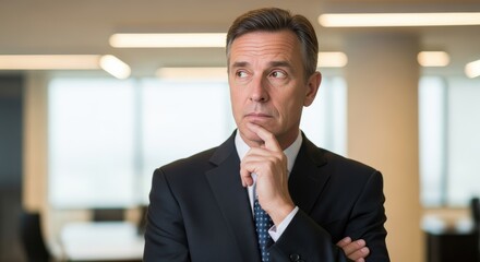 Naklejka premium Businessman in suit looking thoughtfully to the side in a modern office environment scene