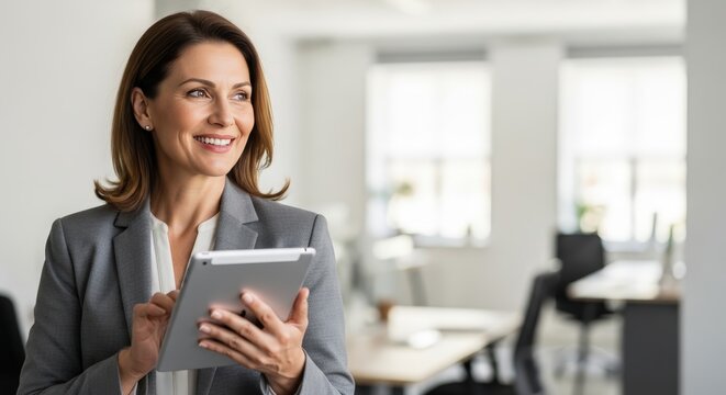 Smiling woman in gray blazer holding a tablet in an office with natural light coming in - Powered by Adobe