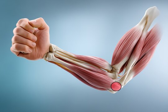 3D medical illustration of medial epicondylitis (golfers elbow) showing common flexor tendon attachment at medial epicondyle with red highlight, concept of inner elbow pain and tendon overuse injury.