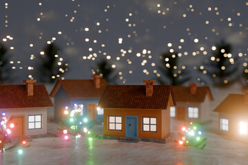 Miniature houses decorated with christmas lights in a festive holiday scene. 3d rendering