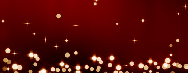 Festive golden bokeh lights on a red background, evoking holiday celebration ambiance. 3d rendering