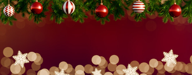 Christmas decorations with red and white baubles hanging from a festive pine garland. 3d rendering