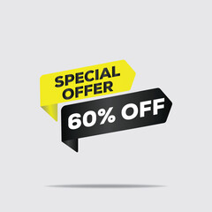 "3D stylized discount sale banner, 60% off special offer, bold yellow and black geometric shapes, modern minimalist promotional design with dynamic composition"