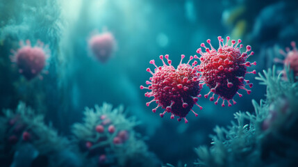 Valentine Day two coronavirus covid-19 hearts. Mutation virus cells 3D Valentine's day illustration. Corona virus 2019-ncov strains, mutated omicron, delta variants, coronavirus SARS-CoV-2 flu disease