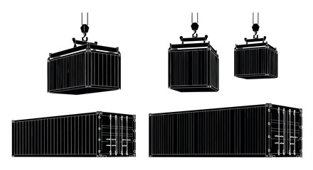 Collection of black silhouette illustrations of shipping containers and a crane hook on a white background Keywords: shipping container, cargo, freight, logistics, transport, container ship, crane