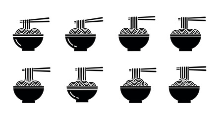 Eight black and white icon sets of noodle bowls with chopsticks in various arrangements noodles ramen