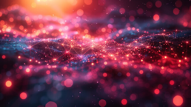 Abstract digital landscape with glowing particles and network connections. (1)