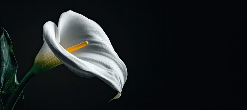 A white calla lily with a yellow stamen against a dark background, in profile